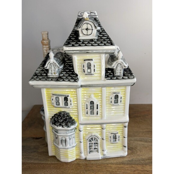 Unknown Other - Victorian House Cookie Jar Canister Yellow Gray  Vintage